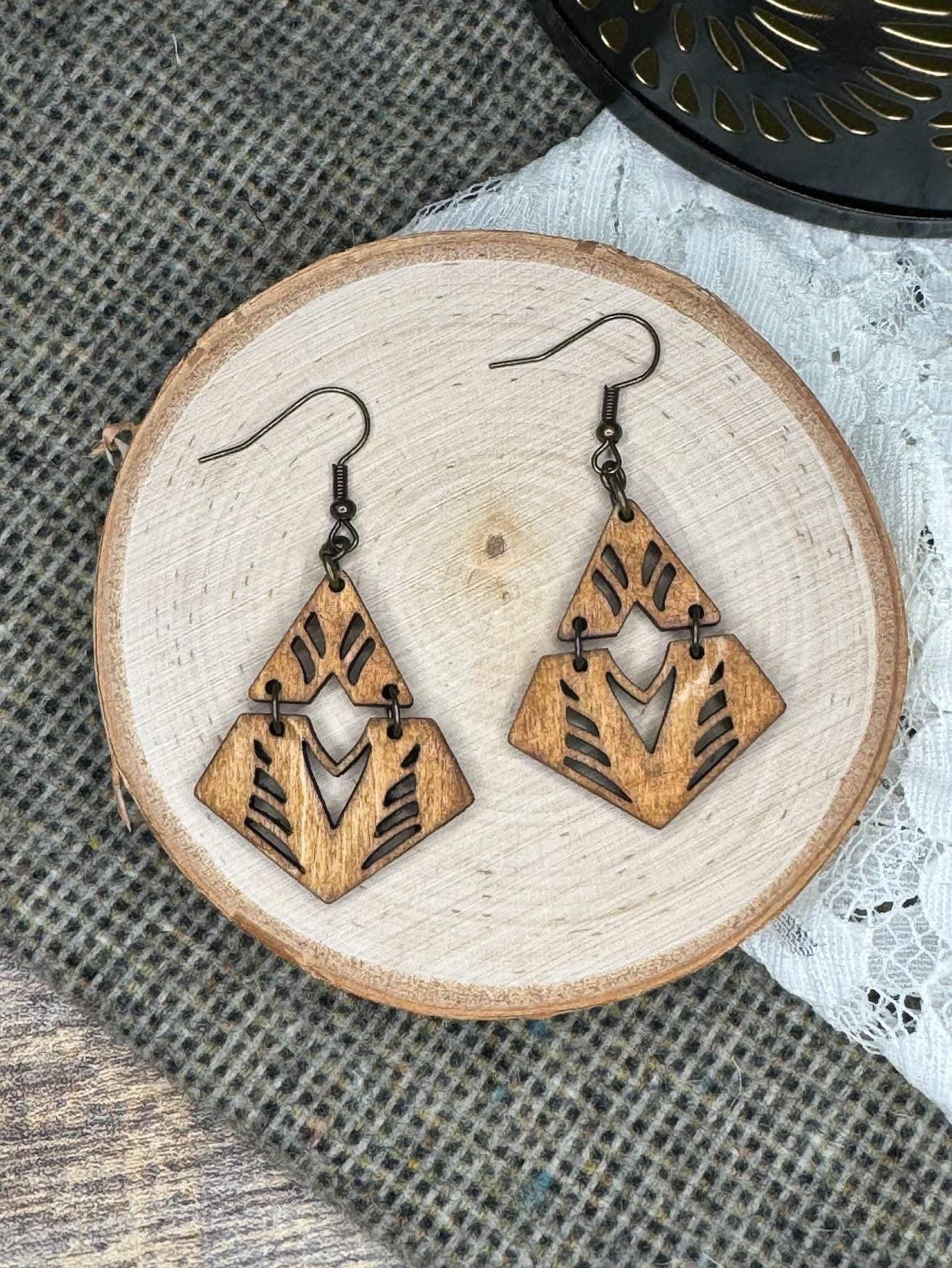 Two Piece Diamond Abstract Wooden Earrings