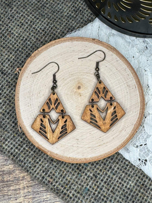 Two Piece Diamond Abstract Wooden Earrings