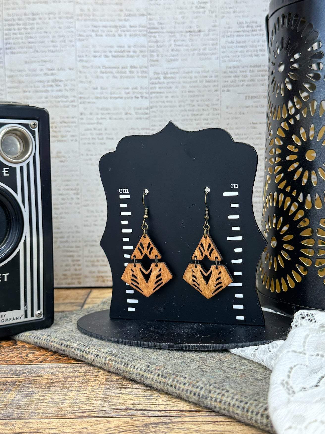 Two Piece Diamond Abstract Wooden Earrings