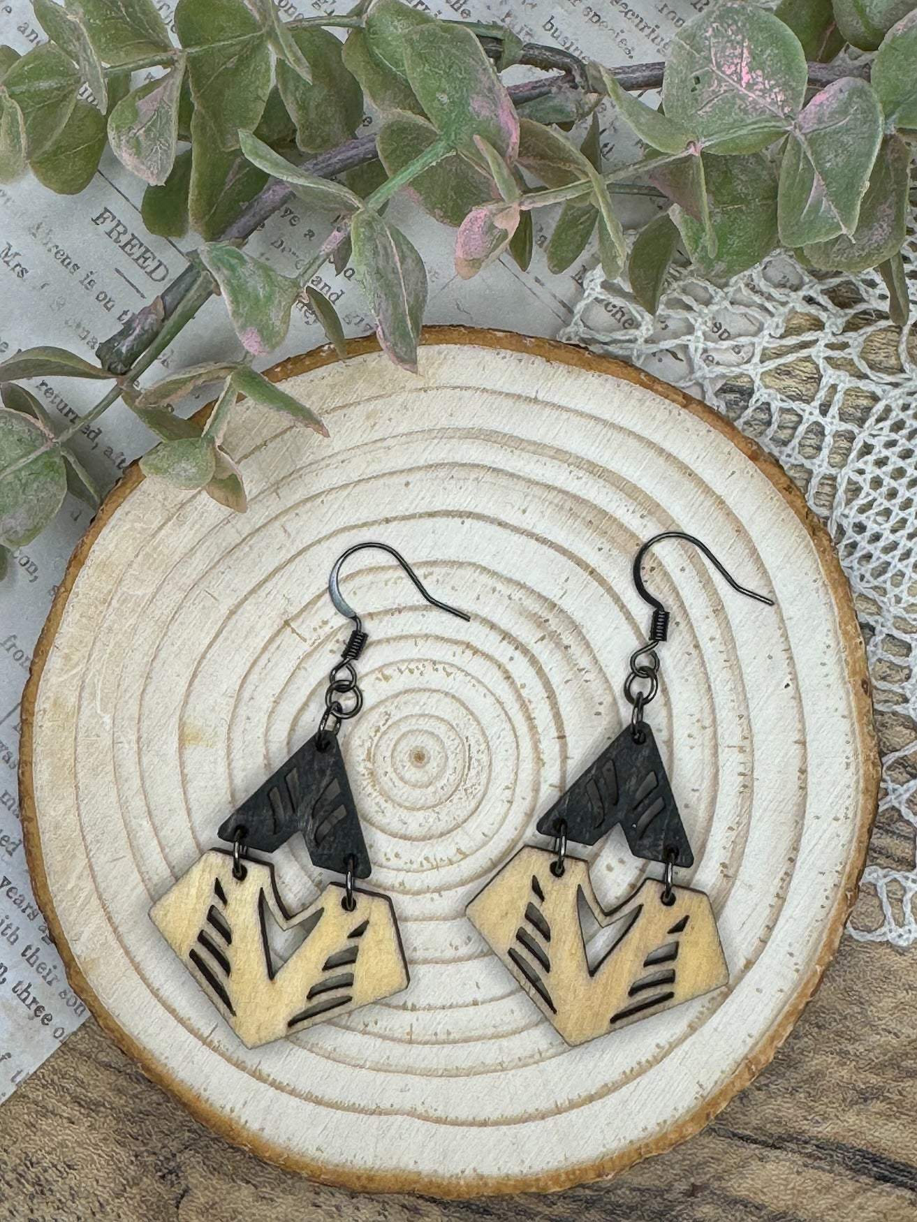 Two Piece Diamond Abstract Wooden Earrings