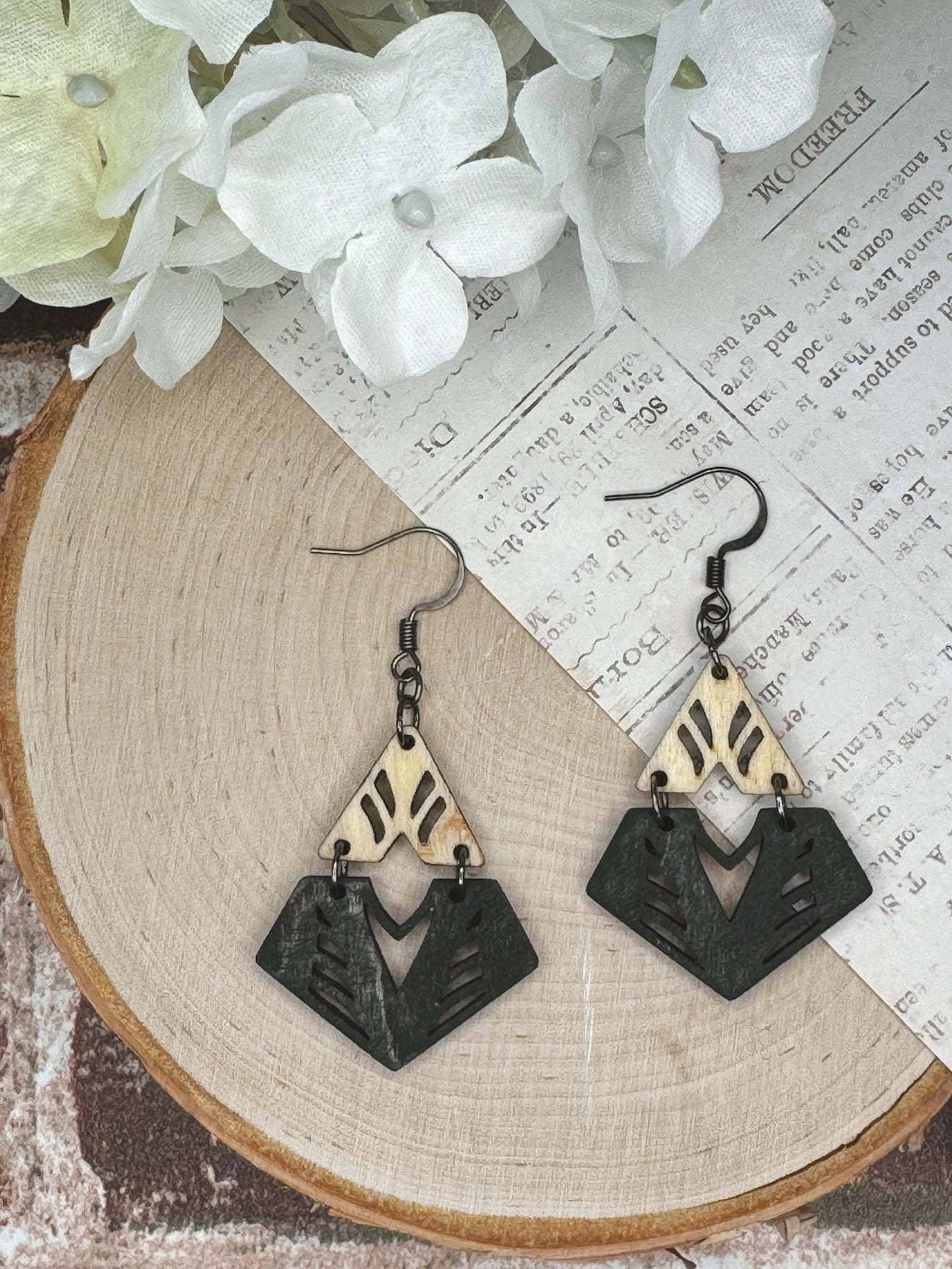 Two Piece Diamond Abstract Wooden Earrings