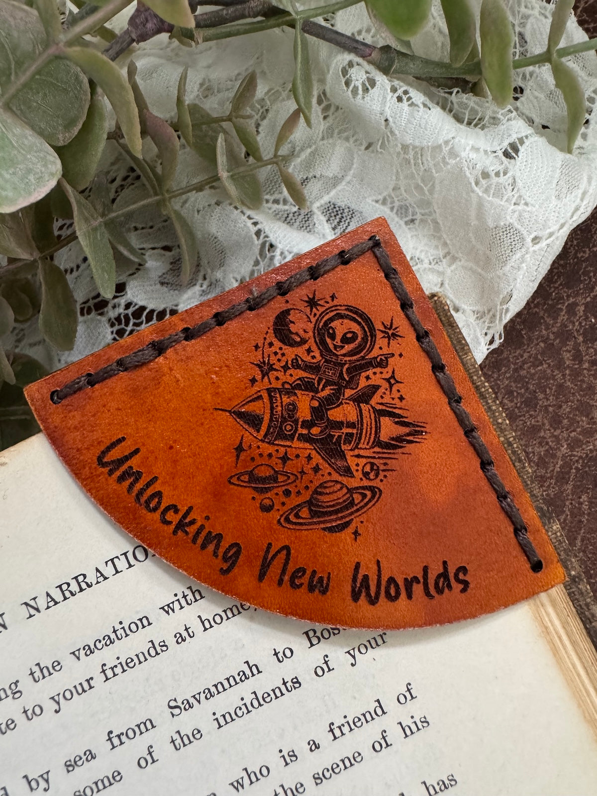 Unlocking New Worlds Leather Bookmark - Alien