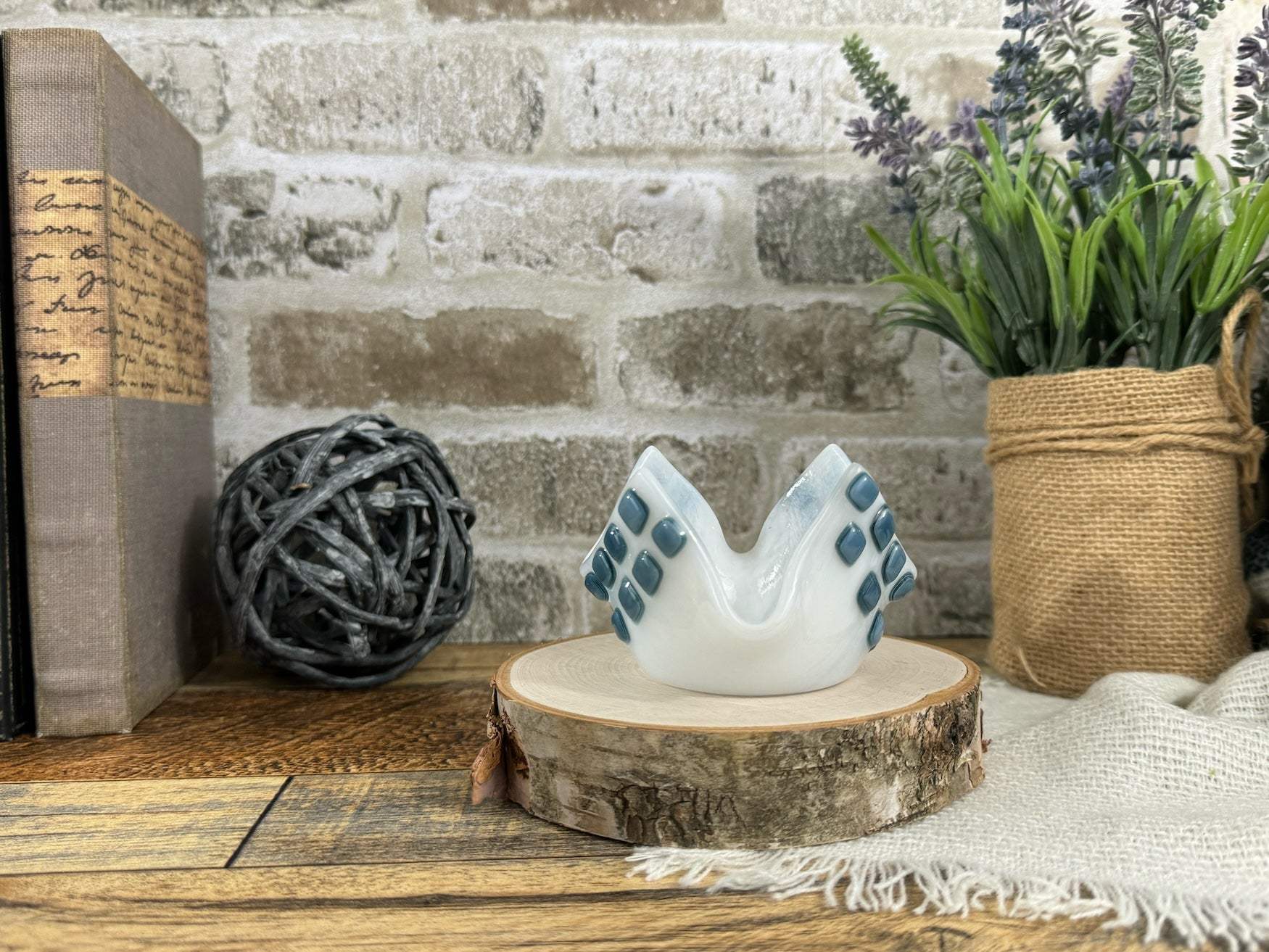 Fused Glass White Lake House Tea Light Votive #2
